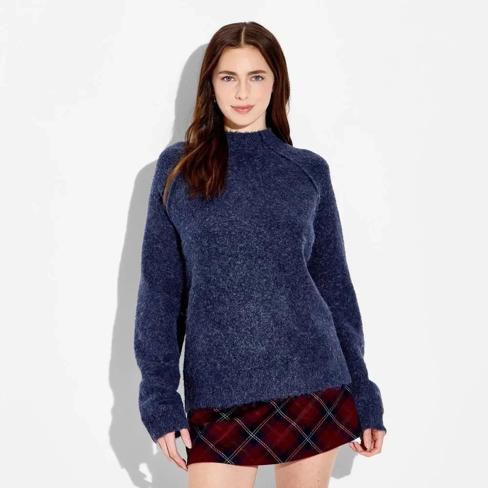 Women Turtleneck Boucle Tunic Pullover Sweater - Wild Fable Navy XS